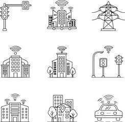 Fototapeta premium Nine Icons Representing Smart City Elements with Wireless Signals technology urban