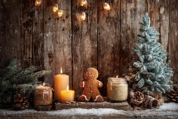 Cozy Christmas scene with candles, gingerbread man, and fir tree on rustic wood