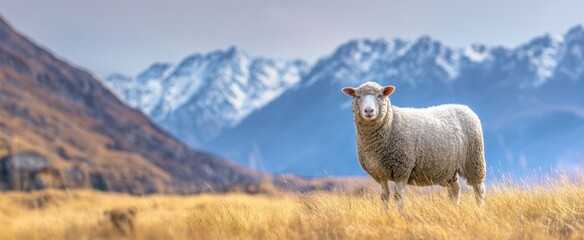 Fototapeta premium The serene sheep grazing in a picturesque mountainous landscape.