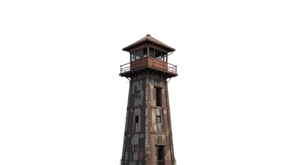 Rusty Metal Tower with Observation Deck – Tall Weathered Structure with Corrugated Sides and Narrow Windows