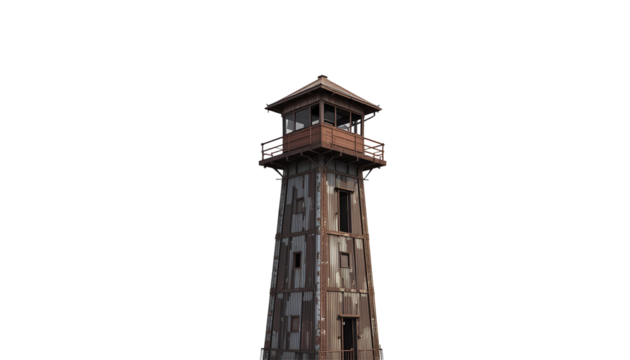 Rusty Metal Tower with Observation Deck – Tall Weathered Structure with Corrugated Sides and Narrow Windows