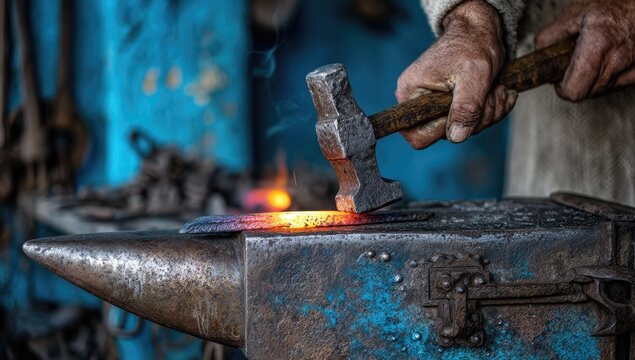 A blacksmith's hand swings a hammer, striking glowing metal on an anvil.  Smoke rises from the heated metal.  Rusty tools and parts surround the scene