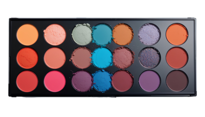Compact Eyeshadow Palette with 12 Vibrant Colors – Black Rectangular Makeup Case Isolated Transparent Background