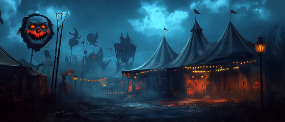 Spooky circus carnival halloween night creepy clowns and tents concept