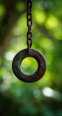 Obraz premium Rusty metal ring and chain hanging, blurred green background