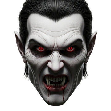 Close-up portrait of a terrifying vampire with sharp fangs glowing red eyes and pale skin transparent background