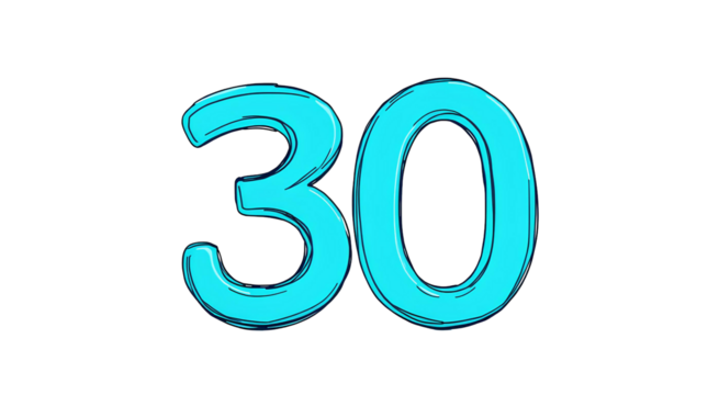 3D Teal Number 30 – Bold Volumetric Geometric Design with Stylized Typeface and Sharp Edges Isolated on White Background