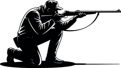 Hunter aiming rifle silhouette in the forest for hunting season or sport target shooting with black and white vector illustration representing outdoor activities © GraphicGrove