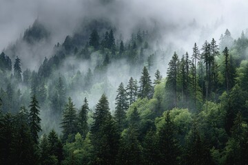 Misty mountain forest scene. Lush green trees shrouded in thick fog