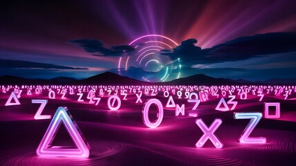 Neon alphabet and numbers illuminate desert dunes under a cosmic sky with glowing circular portal