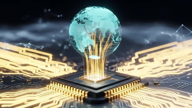 Global technology network concept with digital earth and computer chip, symbolizing worldwide connection, innovation, and progress in the digital age