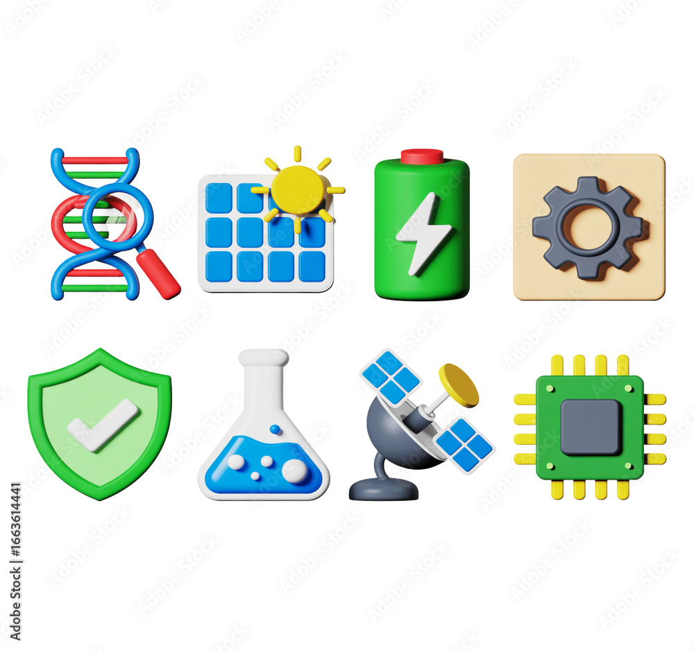 Fototapete 3D Rendering of Technology and Science Icons for Innovation and Development in Various Fields Like Biology and Energy 
isolated on a transparent background.