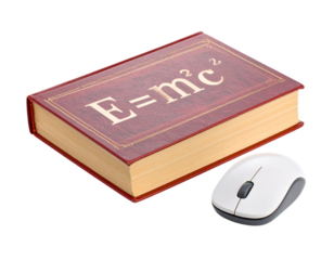  Open Science Book Displaying E=MC² Equation with Computer Mouse, Educational Concept, Isolated PNG