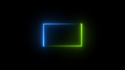 live streaming neon text frame animation. Neon glowing green and blue color square rectangle picture frame icon animation border frame shape rotating display screen. on a black background