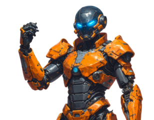  Orange Cyborg Warrior with Tech Helmet in Dynamic Action Pose PNG