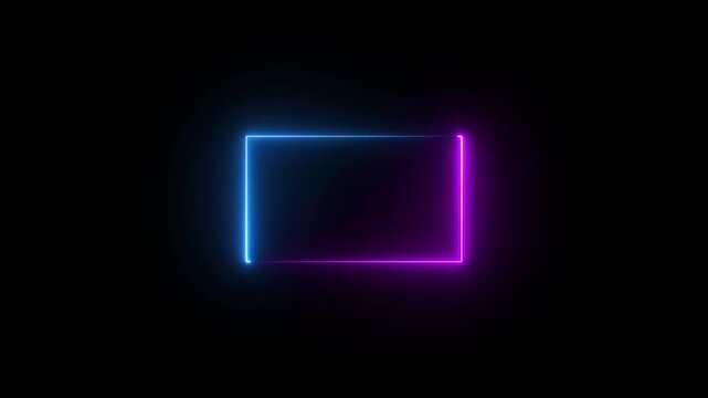 live streaming neon text frame animation. Neon glowing blue and purple color square rectangle picture frame icon animation border frame shape rotating display screen. on a black background