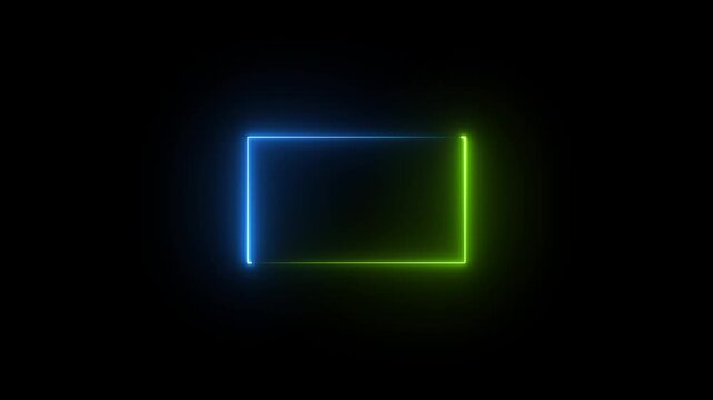 live streaming neon text frame animation. Neon glowing green and blue color square rectangle picture frame icon animation border frame shape rotating display screen. on a black background