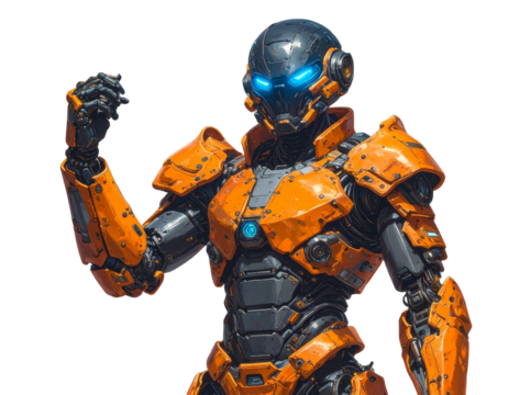  Orange Cyborg Warrior with Tech Helmet in Dynamic Action Pose PNG