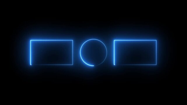 live streaming neon text frame animation. Neon glowing blue color square rectangle picture frame icon animation border frame shape rotating display screen. on a black background