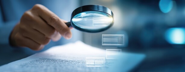 The magnifying glass enhancing focus on document details and analysis.