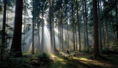 Obraz premium Sunlight streams through a misty forest (4)