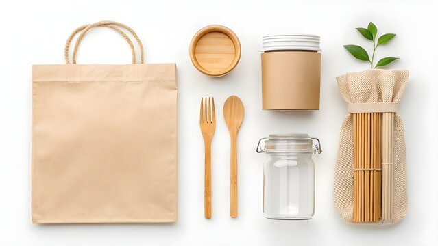 Eco-friendly zero waste packaging and kitchen essentials Mockup on a white background, featuring sustainable natural materials for a green lifestyle concept