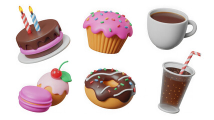 3d dessert icons, chocolate cake with birthday candle, muffin, sweet doughnut, macaroon, ice cream decorated cherry, cup of coffee or tea and soda drink, isolated realistic render. © Arian