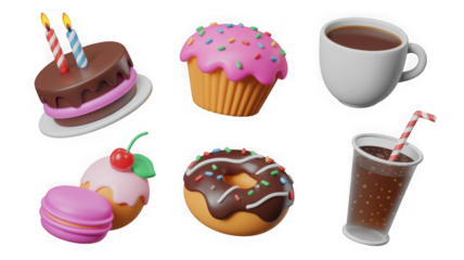 3d dessert icons, chocolate cake with birthday candle, muffin, sweet doughnut, macaroon, ice cream decorated cherry, cup of coffee or tea and soda drink, isolated realistic render.