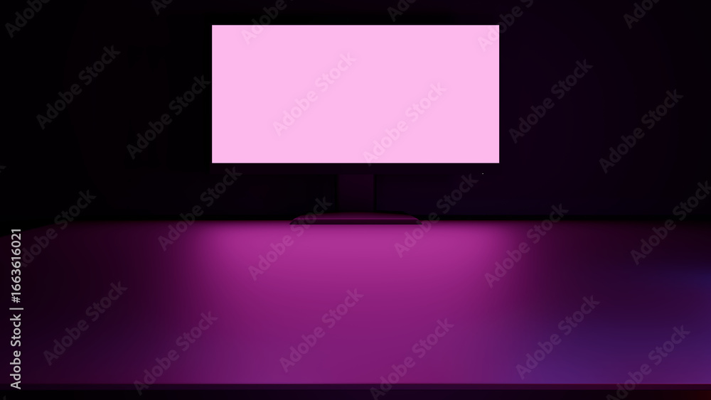 Poster a glowing computer monitor in a neon lit studio. 3d rendering