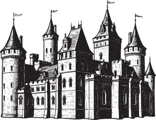 Detailed Woodcut Illustration of a Grand Medieval Castle, Isolat