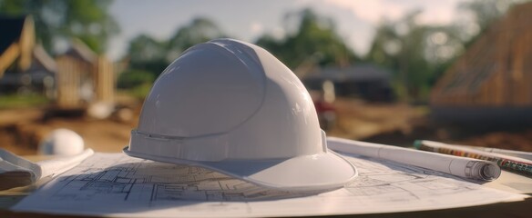 The safety helmet positioned on blueprints at a construction site.