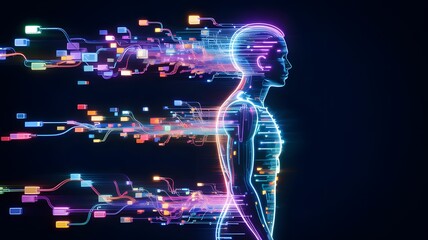 Dynamic AI human form with vibrant digital data streams flowing, representing future technology and connectivity