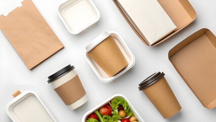 Fototapeta premium Sustainable food packaging Mockup Eco-friendly takeaway containers, coffee cups, and paper bags on a white background, promoting zero waste and environmental consciousness