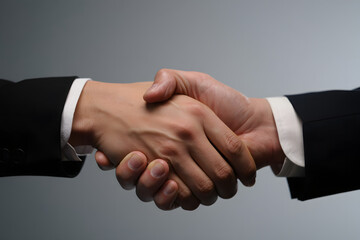 A close up of two people shaking hands wearing suits against a gray background image shot