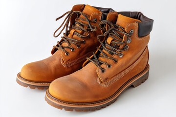Pair of light brown leather work boots, laces and accents