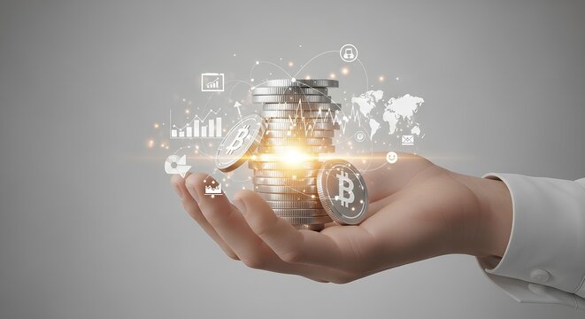 A hand holds a stack of silver coins and a Bitcoin, surrounded by digital icons and financial graphs, representing cryptocurrency and investment. - Powered by Adobe