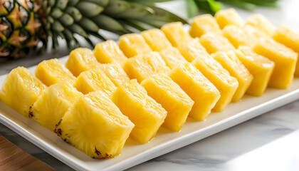 fresh pineapple slices arranged in overlapping layers on a white rectangular platter