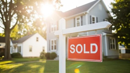 A house with a sold sign in front of it, indicating a successful real estate transaction and a new homeowner taking possession of their dream property