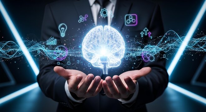 A businessman in a suit holds a glowing, stylized brain with digital elements and light effects, representing intelligence and innovation.