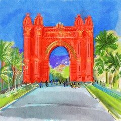 arch in the park of barcelona spain. hand drawn illustration. 