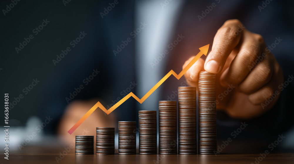 Poster stacks of coins showing financial growth with arrow pointing upward and hand on top of tallest stack