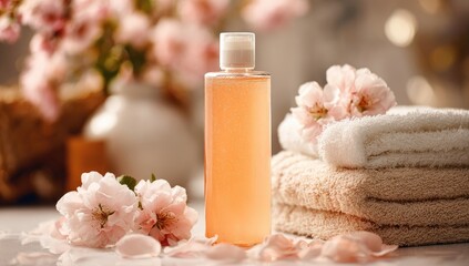 Peach-toned body wash with soft towels and blossoms