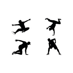 Four black silhouettes of men performing breakdancing moves on white background dance dancer