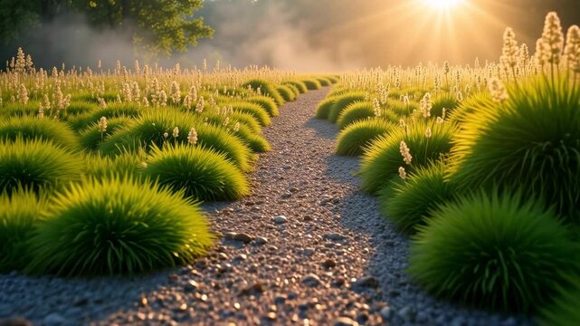 Golden sunrise over misty garden path, lush green grass tufts along gravel walkway, ethereal morning light in peaceful outdoor landscape