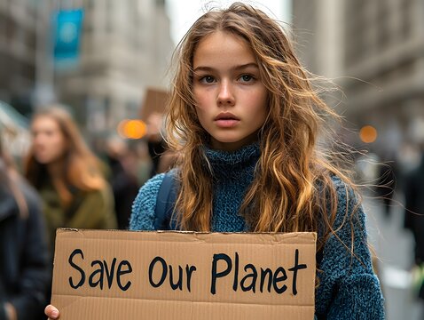 Young climate activist protesting for environmental conservation