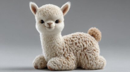 Fototapeta premium A photorealistic baby alpaca in a studio setting, against a clean white background with soft lighting that highlights its fluffy coat and gentle expression. 