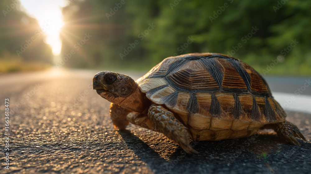 Poster turtle crossing a road with sunlight shining in the background and green trees visible behind it