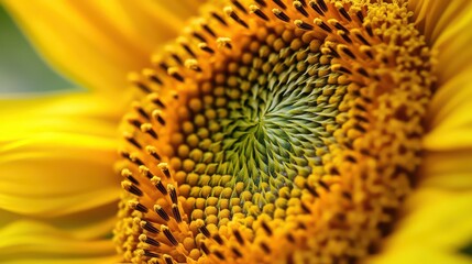 A close up shot of a sunflower showing the intricate details of its center and bright yellow petals