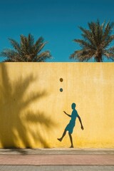 Silhouette of a boy juggling against a yellow wall, palm tree shadows