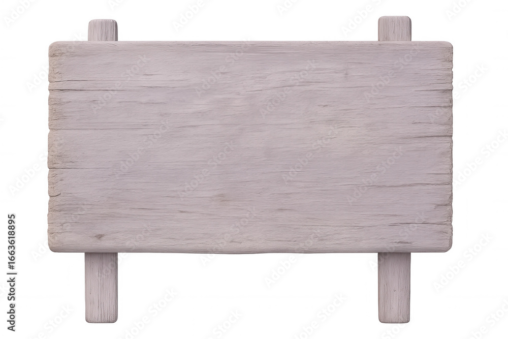 Poster empty rectangular light gray wooden sign with two legs and transparent background, ideal for adding 
